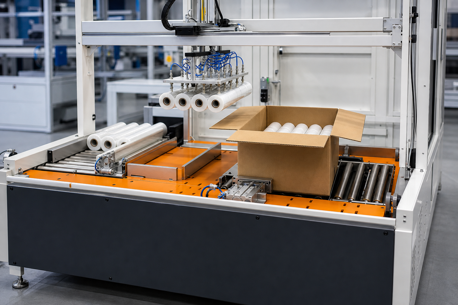 Máquina automática colocando bobinas de film en una caja